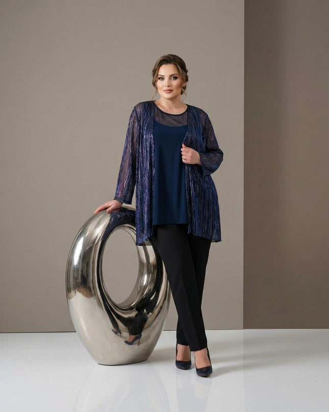 Елегантен официален дамски комплект с туника и жилетка в тъмносиньо с блясък