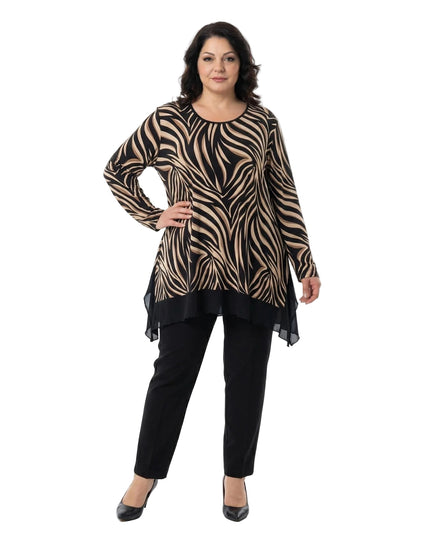 Елегантна асиметрична туника с вълнообразен десен в черно и капучино - големи размери