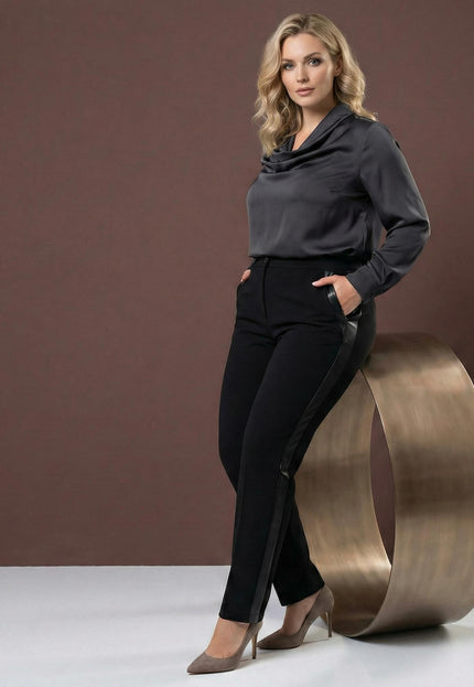 Официален черен панталон с кант от еко кожа големи размери