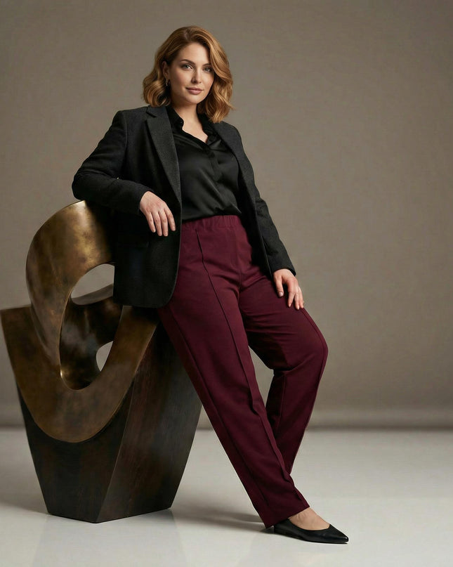 Елегантен дамски панталон с прав крачол в цвят бордо (Големи размери)