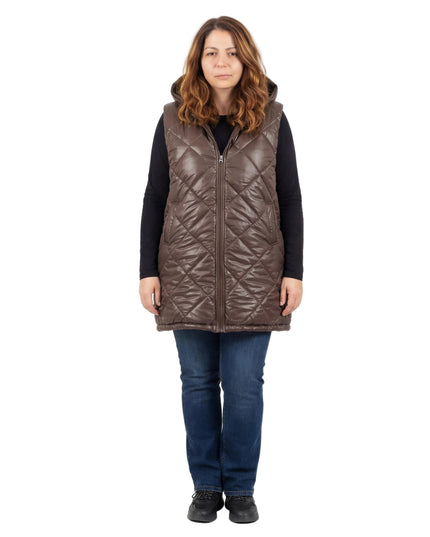 Шоколадово кафяв дълъг ватиран елек с качулка