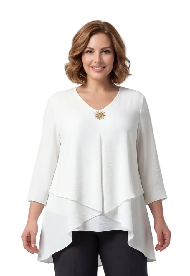 Официална бяла макси туника с асиметрична кройка и брошка