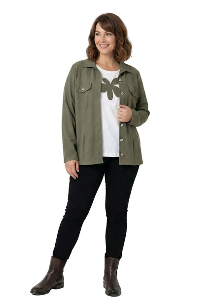 Дамски комплект от две части с тениска с щампа и сако каки