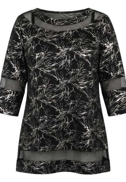 Черна официална макси туника с мрежести детайли и сребрист принт