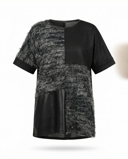 Елегантна черна туника с релефна текстура и кожен панел