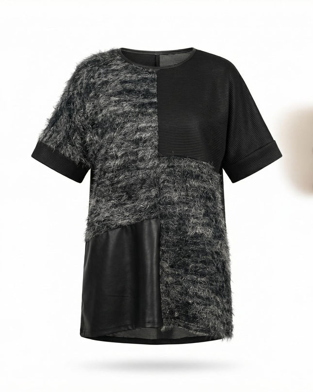 Елегантна черна туника с релефна текстура и кожен панел