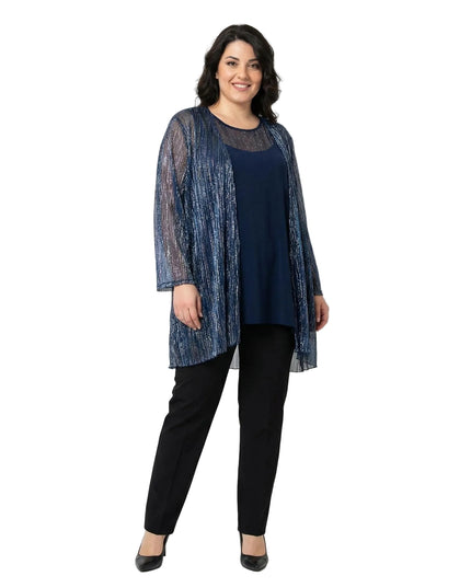 Елегантен официален дамски комплект с туника и жилетка в тъмносиньо с блясък