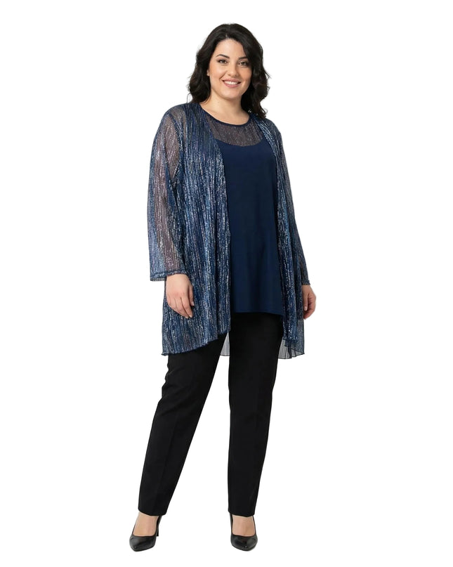 Елегантен официален дамски комплект с туника и жилетка в тъмносиньо с блясък