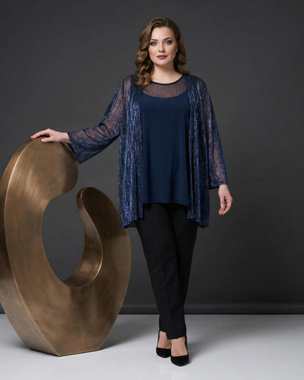 Елегантен официален дамски комплект с туника и жилетка в тъмносиньо с блясък