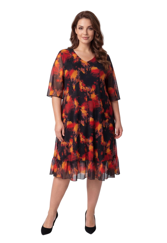 Официална черна макси рокля с шифон и огнен принт големи размери