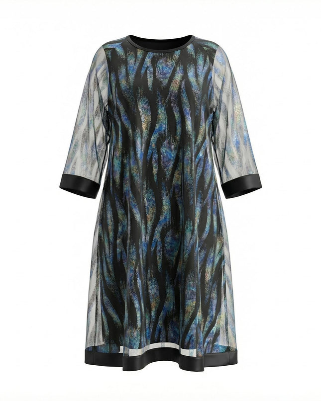 Официална макси рокля с ефект две части, шифон и еко кожа в тъмносиньо