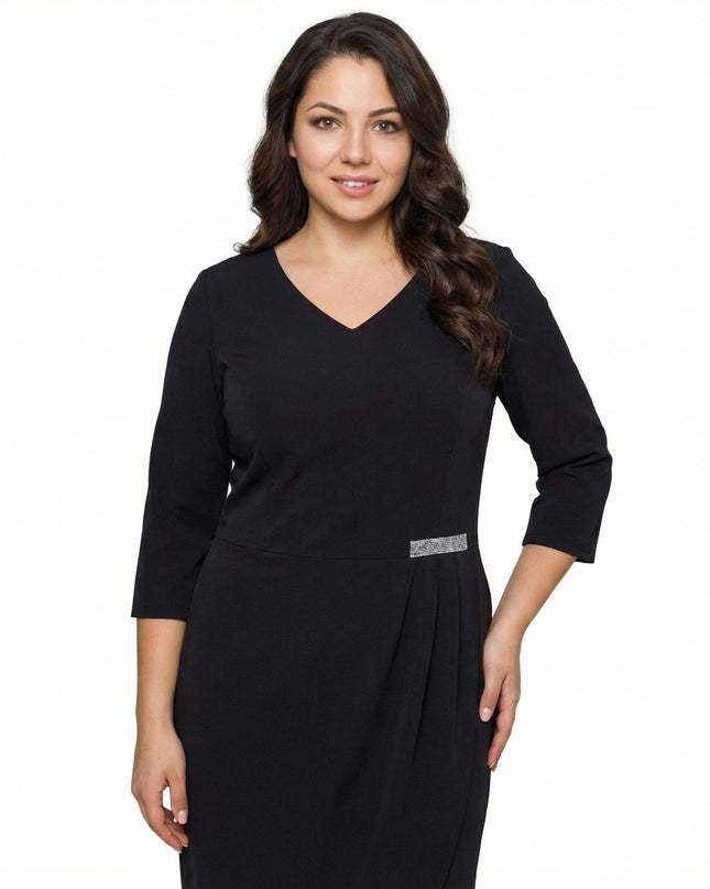 Официална права тъмносиня рокля с V-деколте