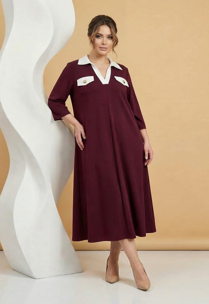 Официална разкроена рокля големи размери в цвят бордо