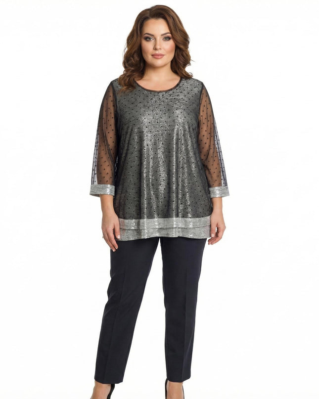 Oфициална разкроена туника със сребрист блясък и 3/4 ръкави