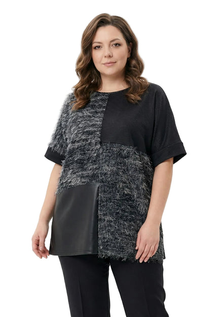 Елегантна черна туника с релефна текстура и кожен панел