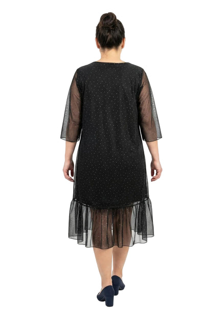 Официална разкроена макси рокля в черно от шифон с камъни и 7/8 ръкави