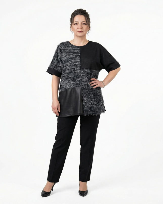 Елегантна черна туника с релефна текстура и кожен панел