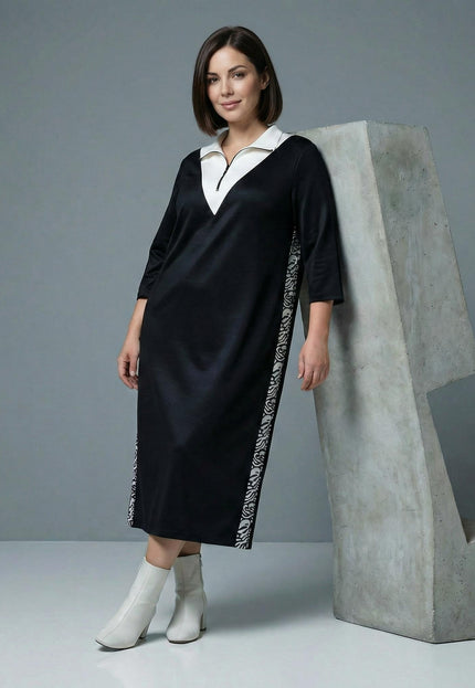 Черна спортно елегантна макси рокля с цип и ефектни странични ленти