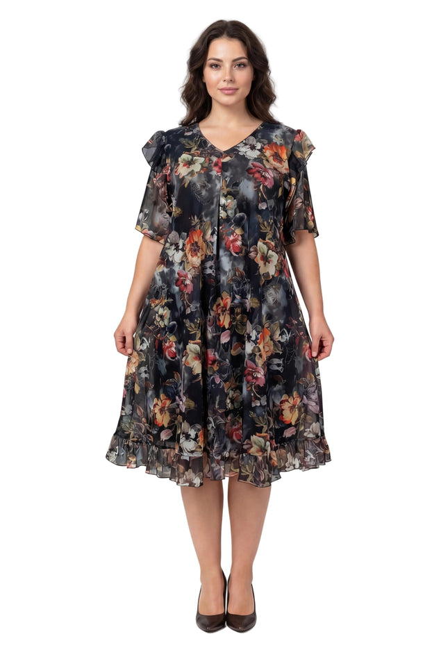 Официална разкроена рокля от шифон на цветя с еластична подплата