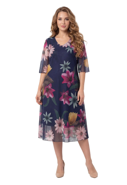 Официална тъмносиня макси рокля с ефирен флорален шифон