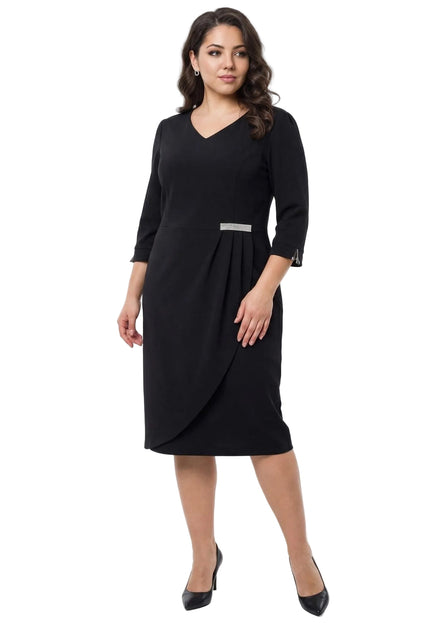 Официална права тъмносиня рокля с V-деколте