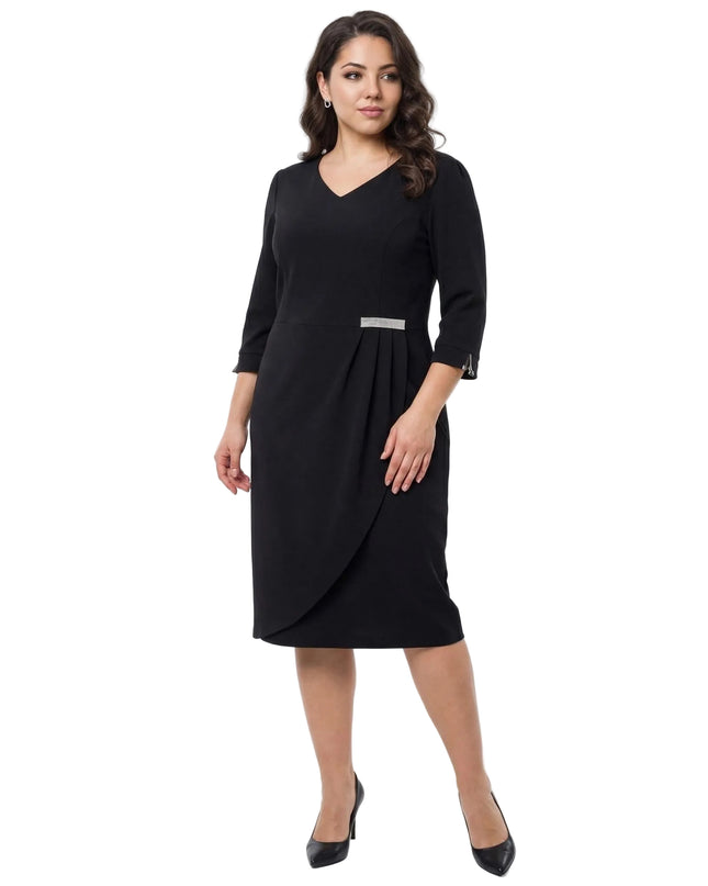 Официална права тъмносиня рокля с V-деколте