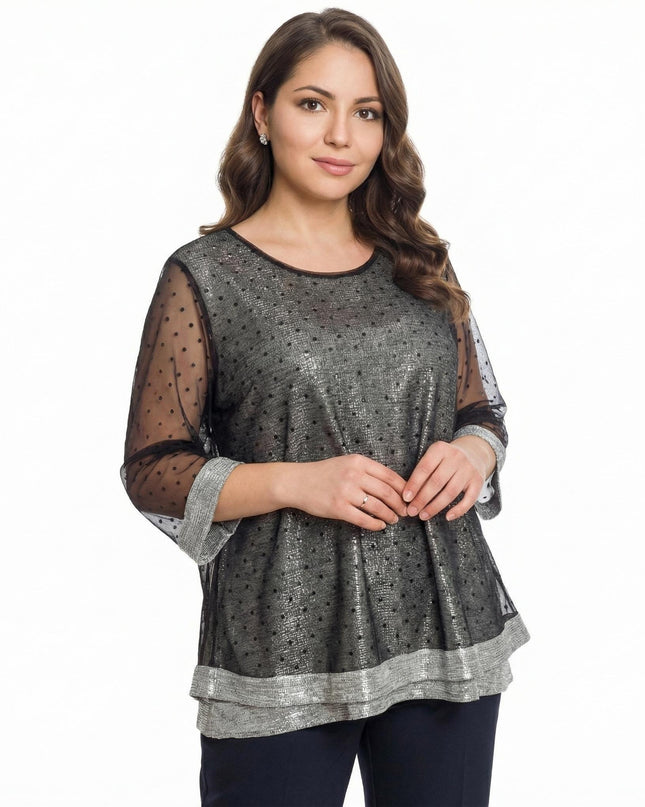 Oфициална разкроена туника със сребрист блясък и 3/4 ръкави