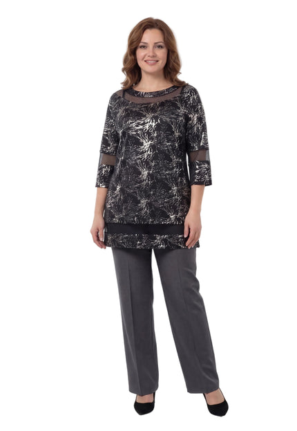 Черна официална макси туника с мрежести детайли и сребрист принт