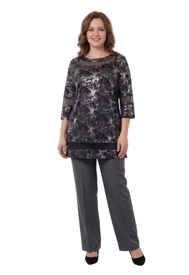 Черна официална макси туника с мрежести детайли и сребрист принт