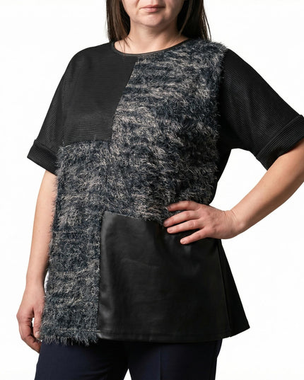 Елегантна черна туника с релефна текстура и кожен панел