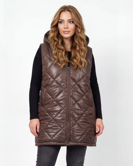 Шоколадово кафяв дълъг ватиран елек с качулка