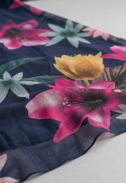 Официална тъмносиня макси рокля с ефирен флорален шифон