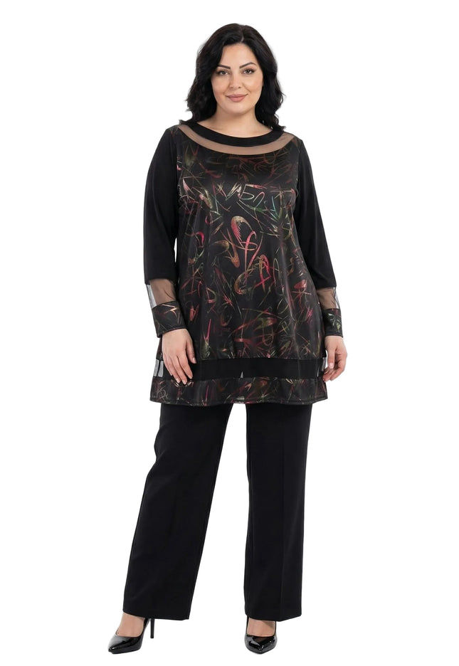 Официална туника с тюл и акценти от еко кожа в черно