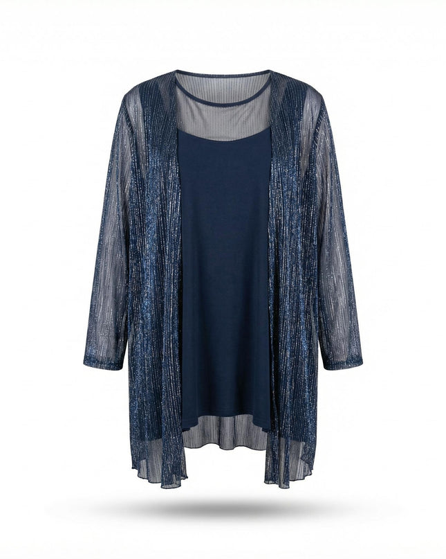 Елегантен официален дамски комплект с туника и жилетка в тъмносиньо с блясък