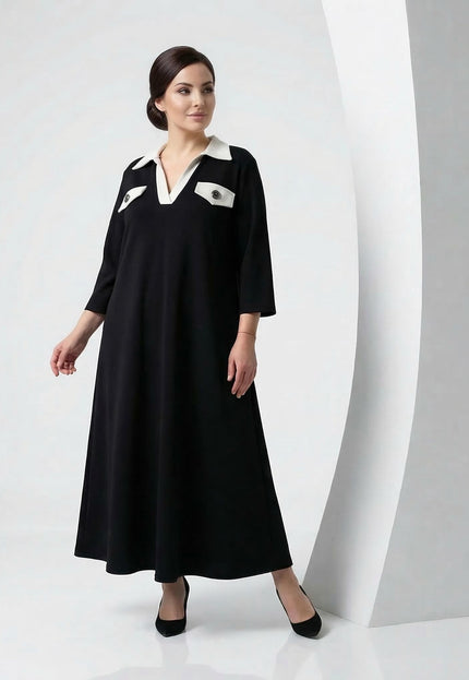 Черна официална макси рокля големи размери с контрастна яка