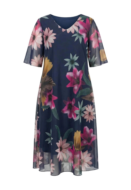 Официална тъмносиня макси рокля с ефирен флорален шифон