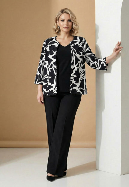 Елегантно дамско макси сако в черно и бяло без закопчаване