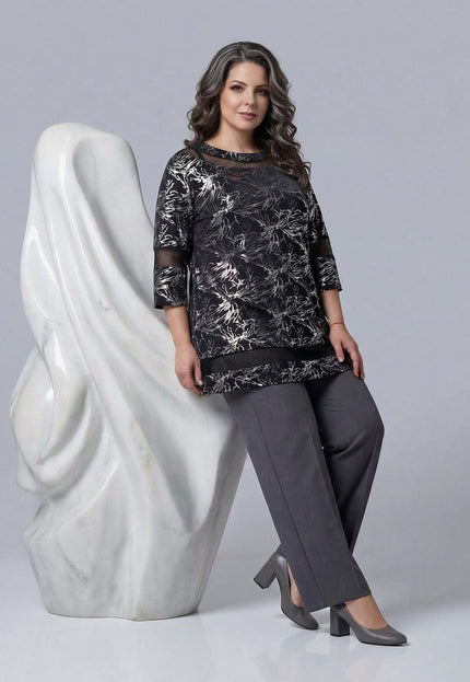 Черна официална макси туника с мрежести детайли и сребрист принт