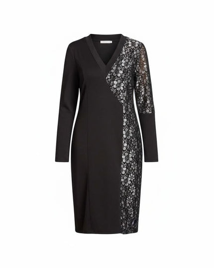 Официална черна рокля с флорален десен и V-образно деколте