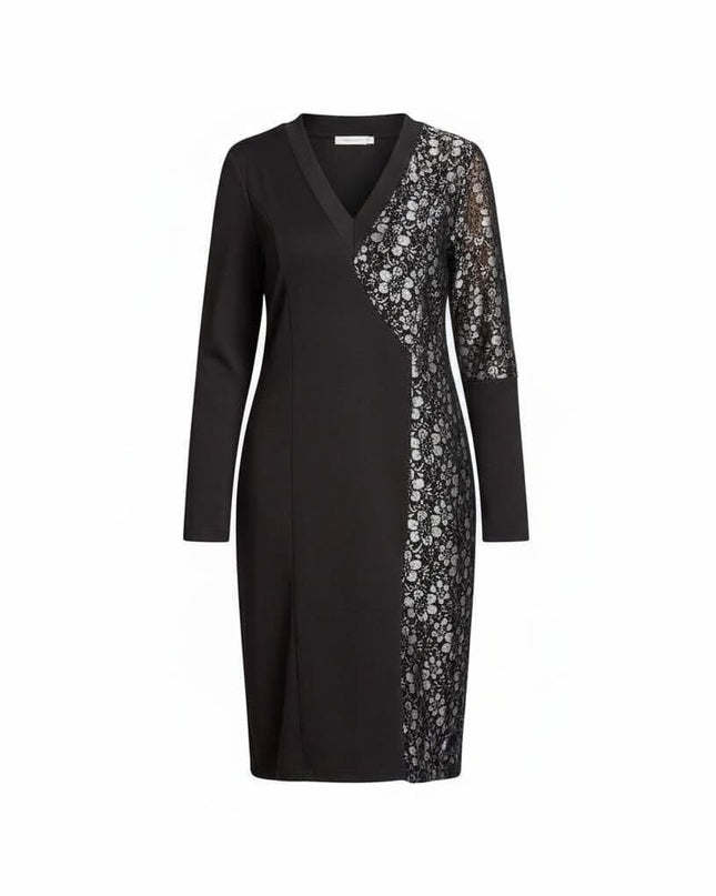 Официална черна рокля с флорален десен и V-образно деколте