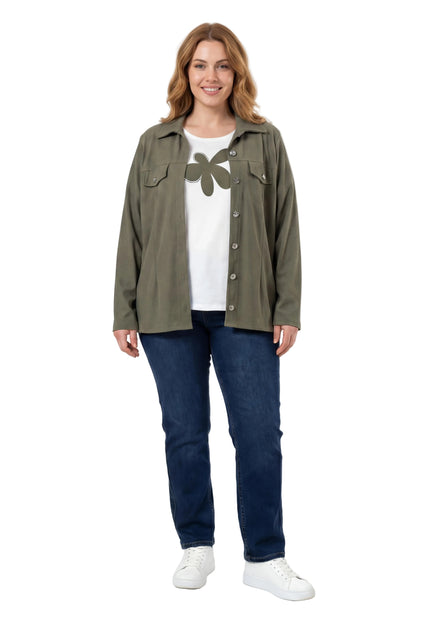 Дамски комплект от две части с тениска с щампа и сако каки