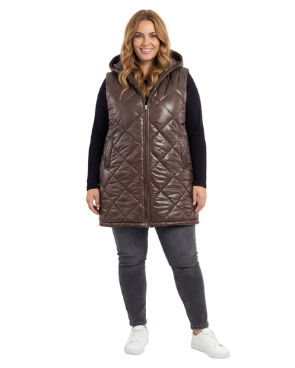 Шоколадово кафяв дълъг ватиран елек с качулка