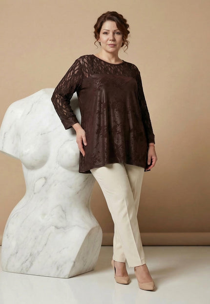 Официална макси туника с ефектна дантела в кафяво