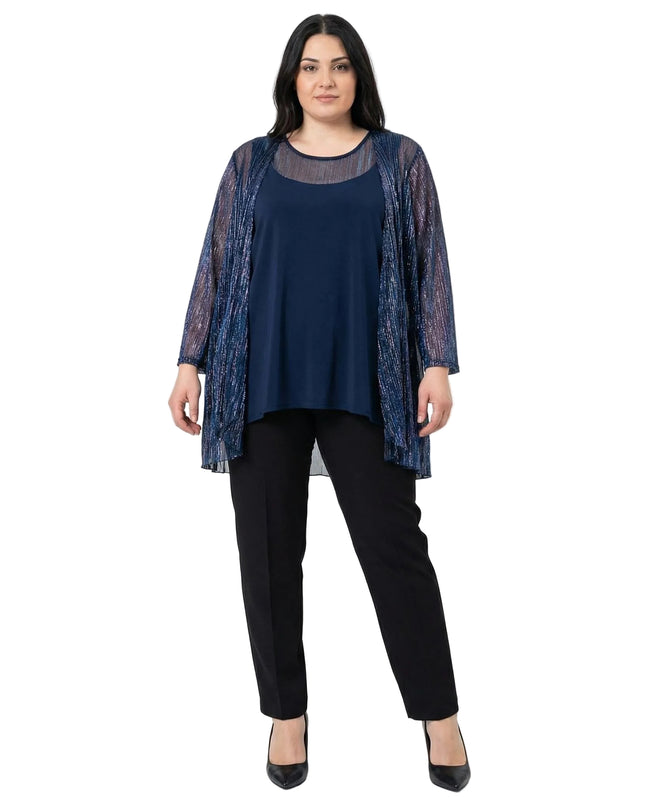 Елегантен официален дамски комплект с туника и жилетка в тъмносиньо с блясък