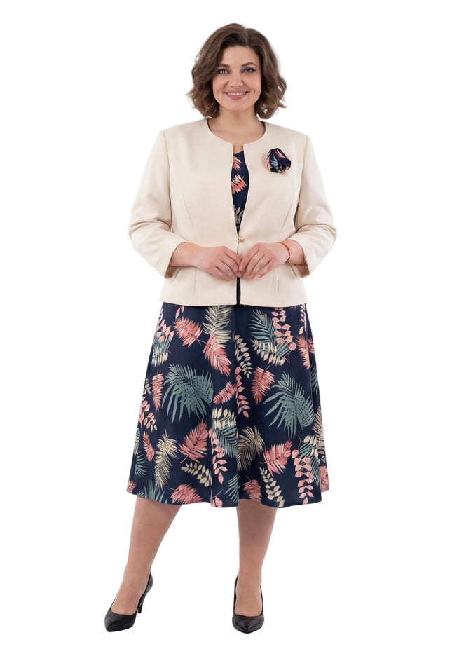 Елегантен дамски костюм от рокля на цветя и бежово сако големи размери