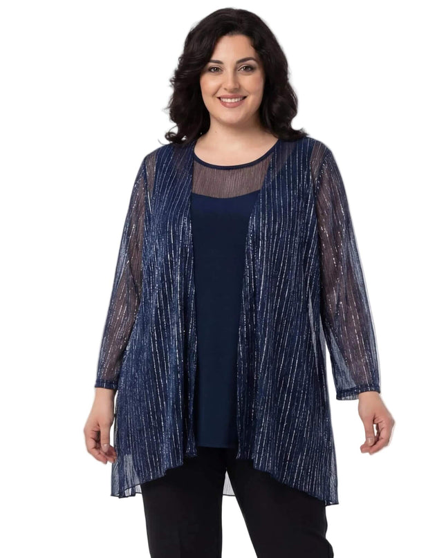 Елегантен дамски комплект от туника и ефирна жилетка в тъмносиньо с блестящи вертикални райета, поглед отпред.
