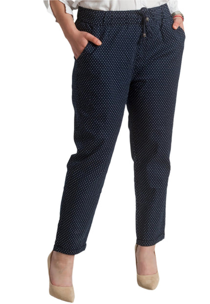 Елегантен тъмносин макси панталон на бели точки и еластична талия - Maxi Market