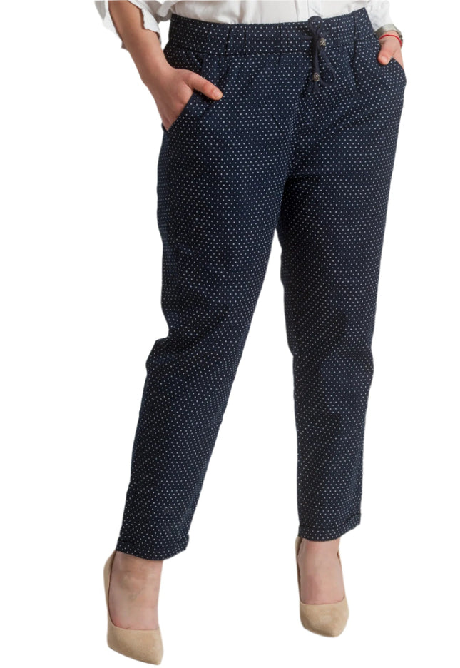 Елегантен тъмносин макси панталон на бели точки и еластична талия - Maxi Market