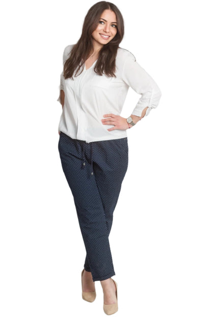 Елегантен тъмносин макси панталон на бели точки и еластична талия - Maxi Market