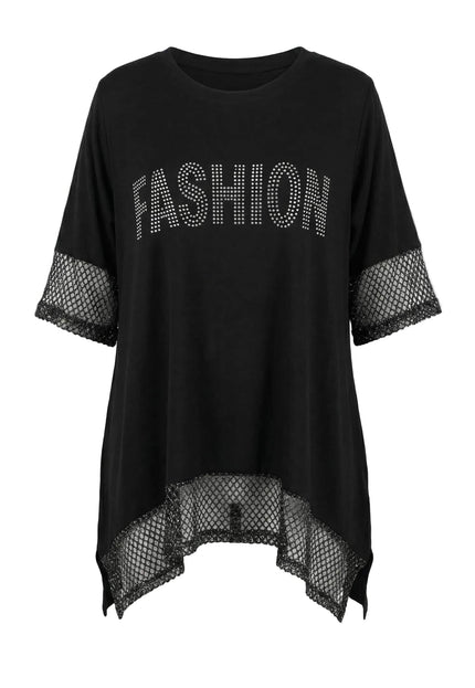 Черна асиметрична туника с мрежести акценти и надпис FASHION от камъчета, представена като плосък кадър на бял фон.